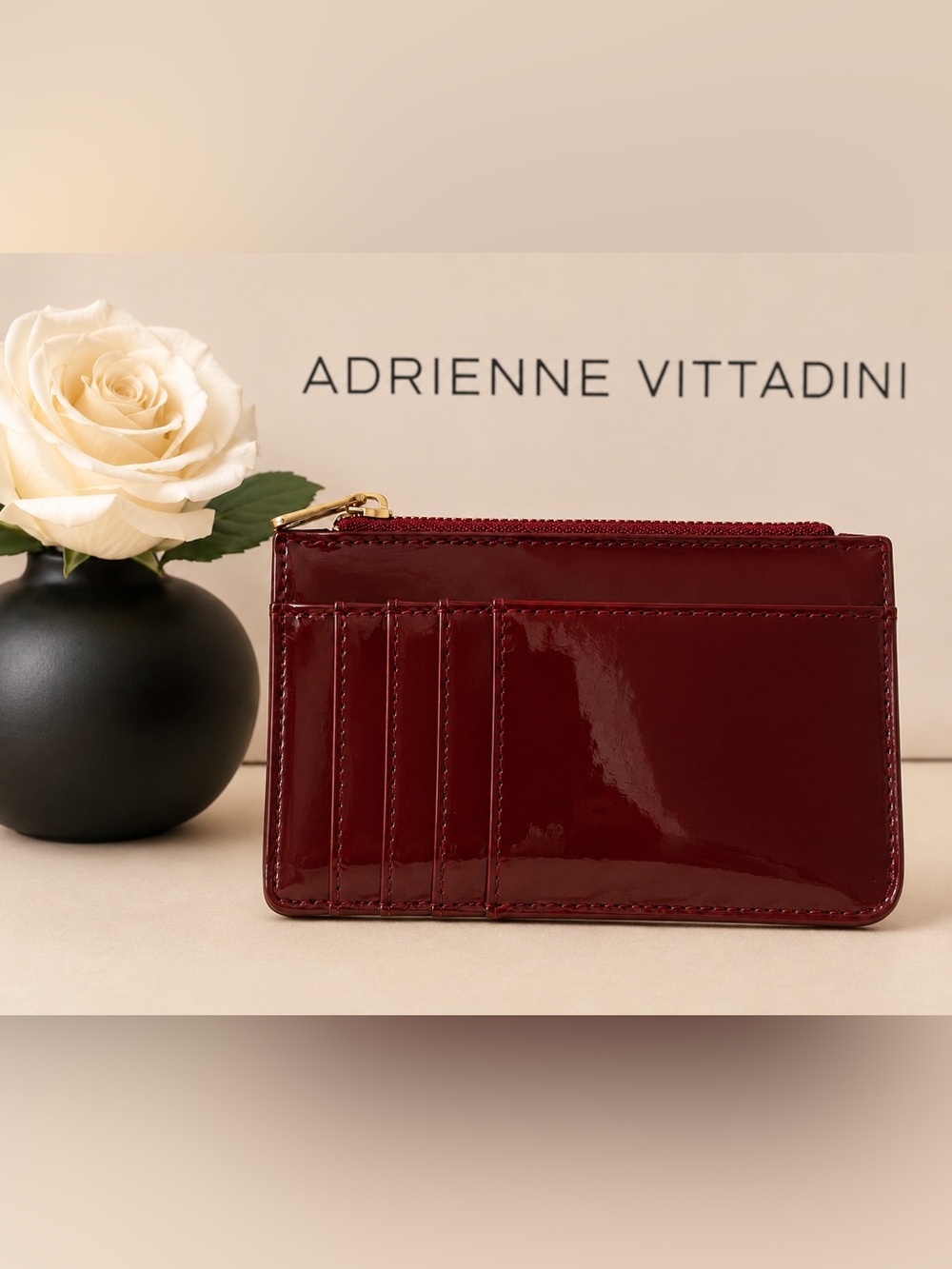 🌸 Adrienne Vittadini Glossy Burgundy Card Wallet with Zip